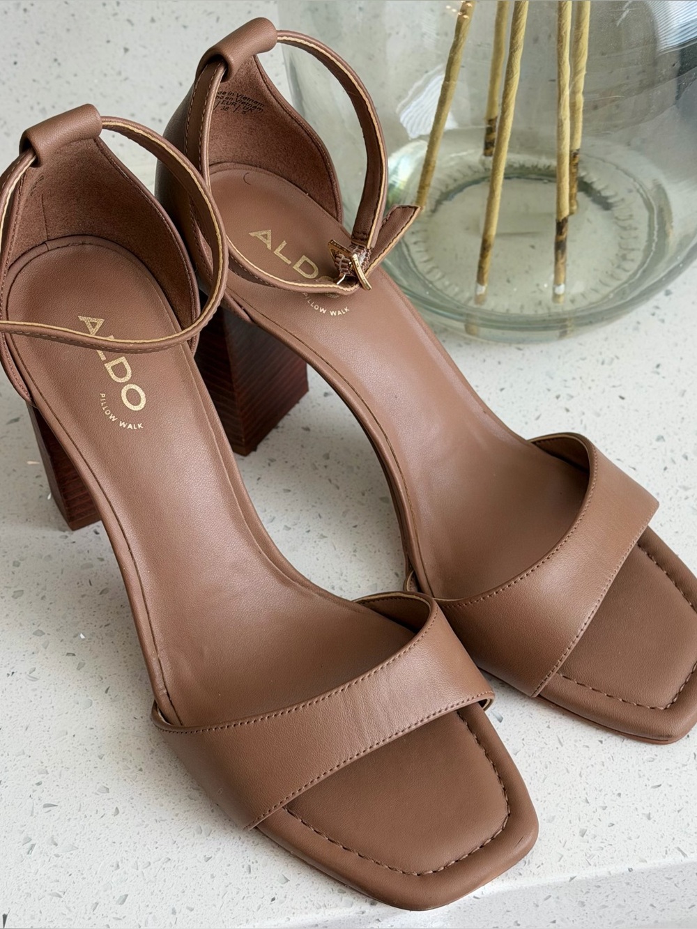 Aldo Brown Block Heel Ankle Strap Sandals
